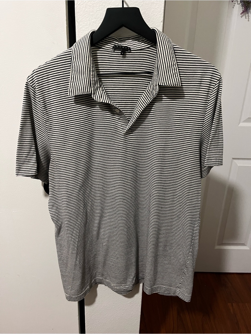 Theory Black and White Striped Polo Shirt
